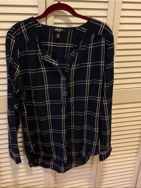 Nine West Navy and White Plaid Henley Button-Front long  Top